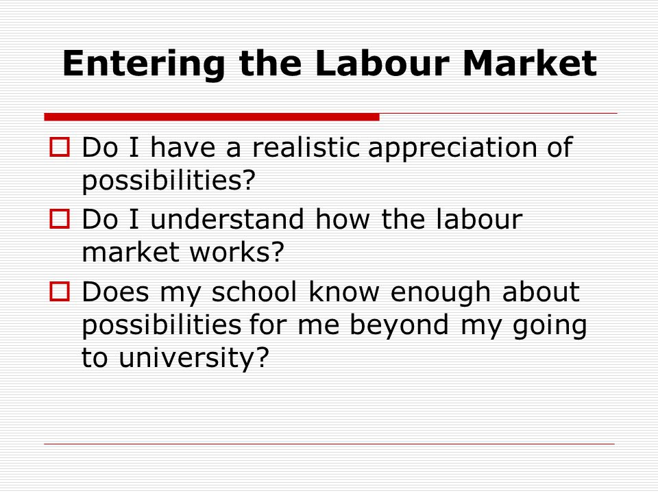 Entering the Labour Market Do I have a realistic appreciation of possibilities.