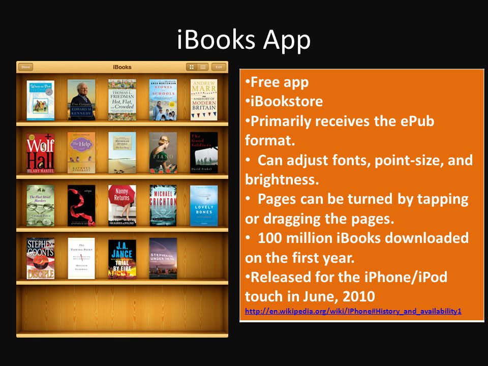 iBooks App Free app iBookstore Primarily receives the ePub format.