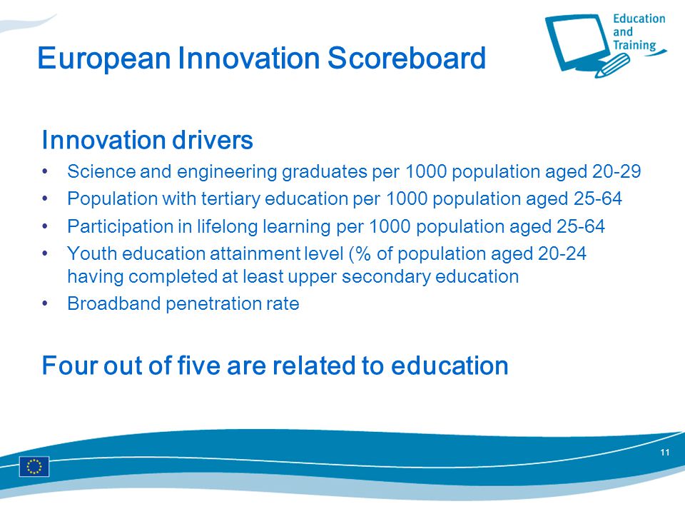 11 European Innovation Scoreboard Innovation drivers Science and engineering graduates per 1000 population aged Population with tertiary education per 1000 population aged Participation in lifelong learning per 1000 population aged Youth education attainment level (% of population aged having completed at least upper secondary education Broadband penetration rate Four out of five are related to education