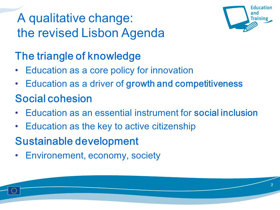 2 A qualitative change: the revised Lisbon Agenda The triangle of knowledge Education as a core policy for innovation Education as a driver of growth and competitiveness Social cohesion Education as an essential instrument for social inclusion Education as the key to active citizenship Sustainable development Environement, economy, society