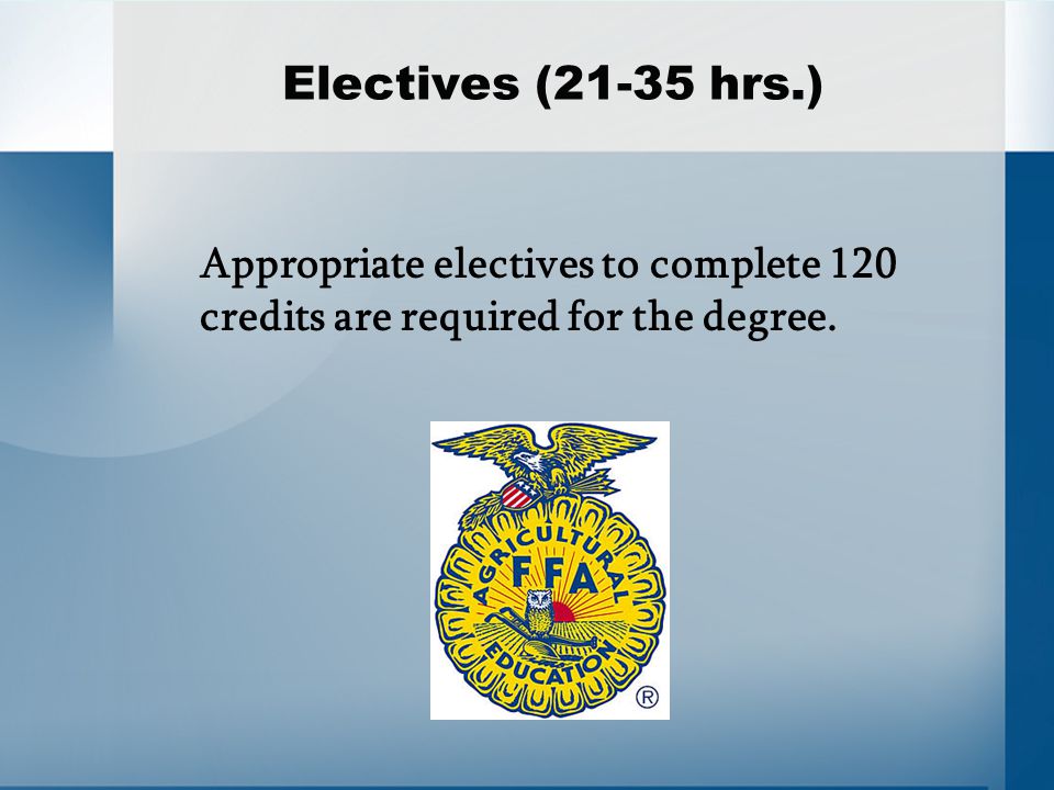 Electives (21-35 hrs.) Appropriate electives to complete 120 credits are required for the degree.