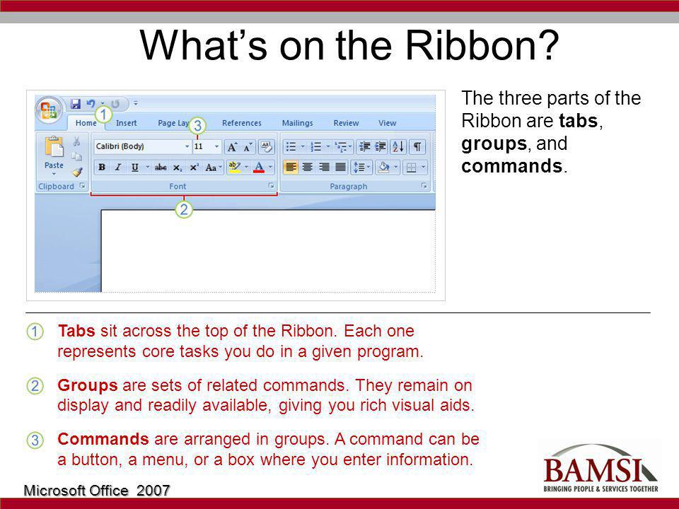 Whats on the Ribbon. The three parts of the Ribbon are tabs, groups, and commands.