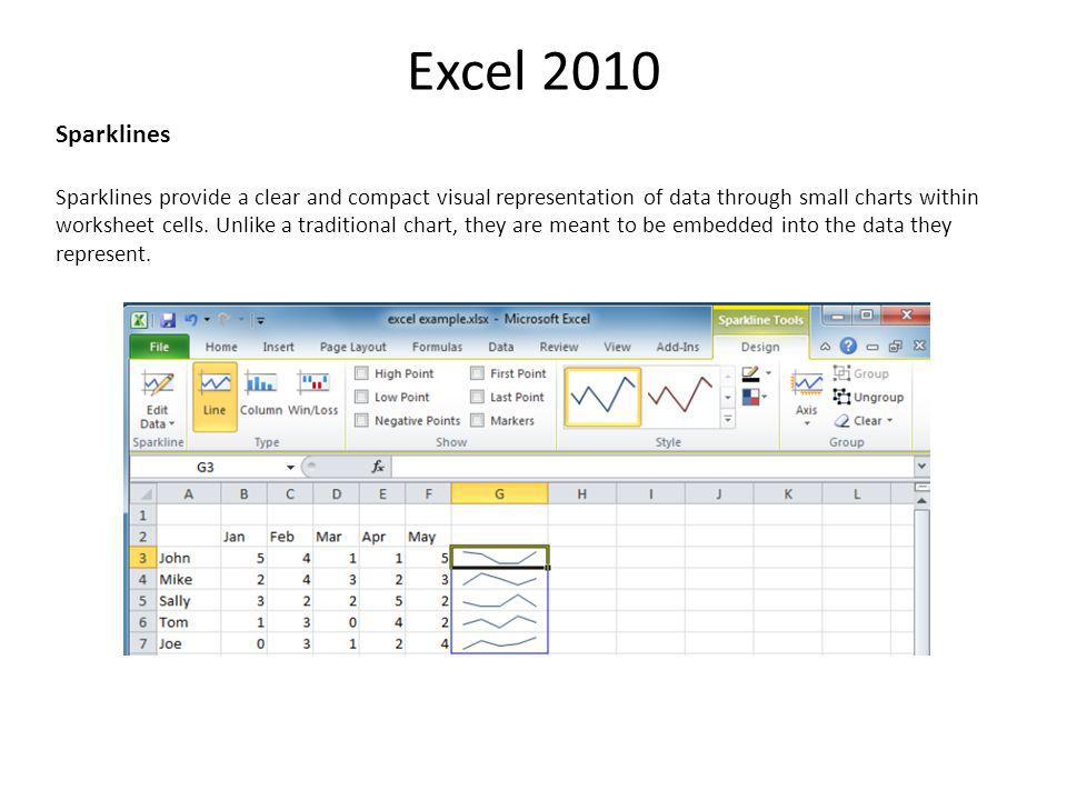 Excel 2010 Sparklines Sparklines provide a clear and compact visual representation of data through small charts within worksheet cells.