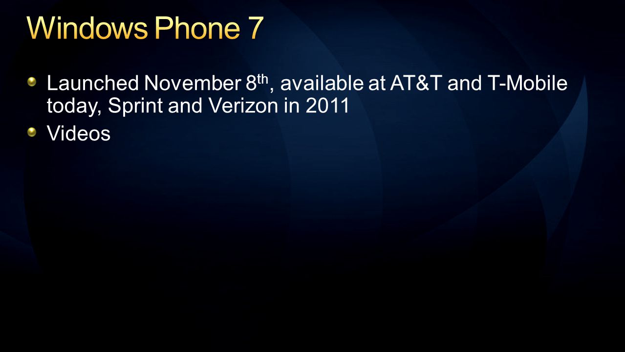 Launched November 8 th, available at AT&T and T-Mobile today, Sprint and Verizon in 2011 Videos