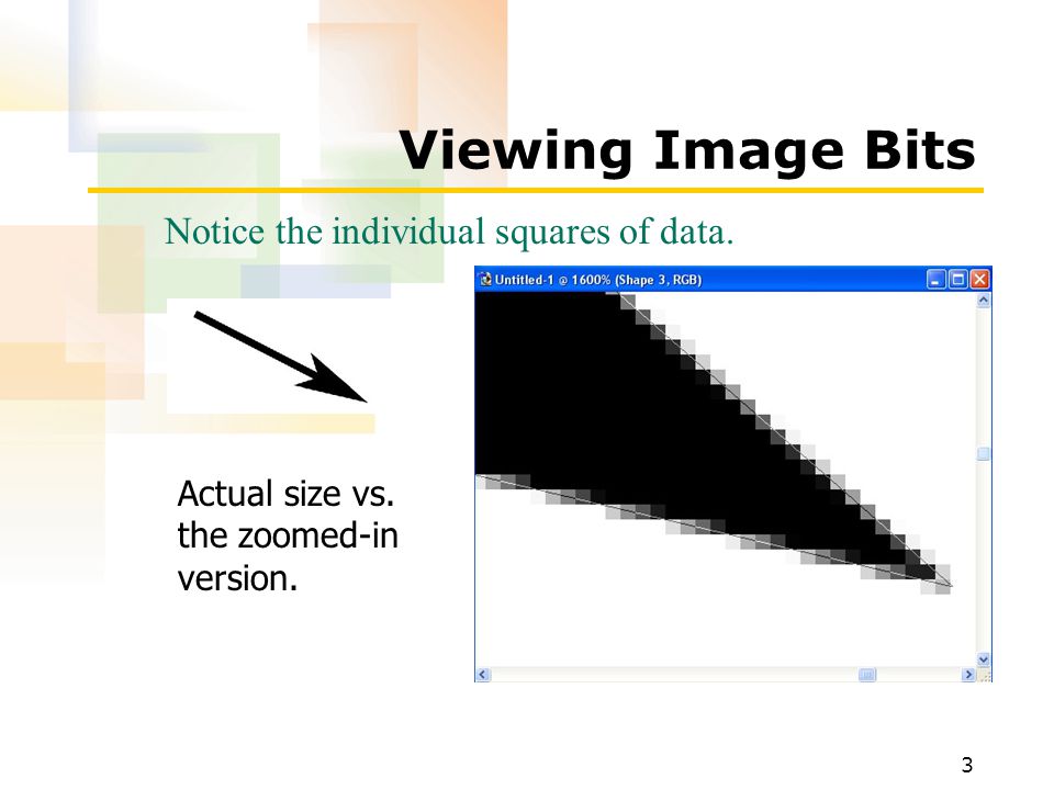 3 Viewing Image Bits Notice the individual squares of data. Actual size vs. the zoomed-in version.
