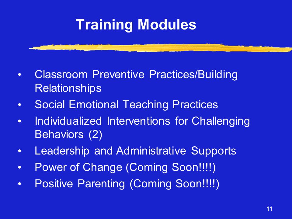 11 Training Modules • Classroom Preventive Practices/Building Relationships • Social Emotional Teaching Practices • Individualized Interventions for Challenging Behaviors (2) • Leadership and Administrative Supports • Power of Change (Coming Soon!!!!) • Positive Parenting (Coming Soon!!!!)