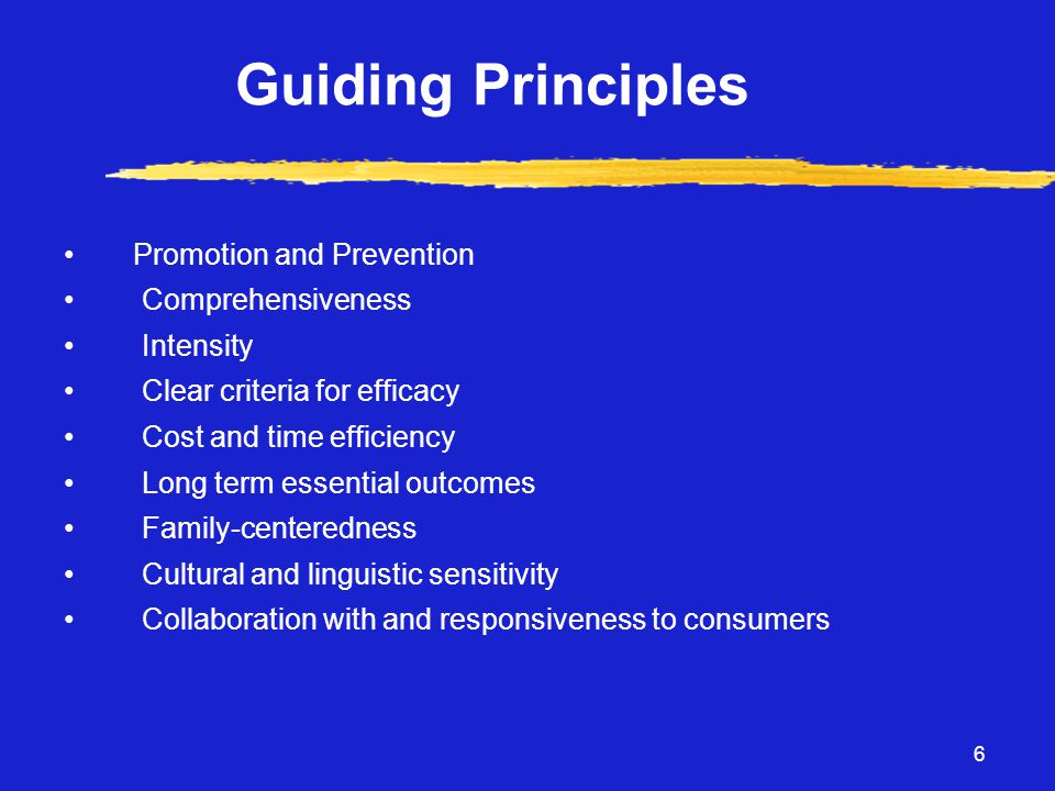 6 Guiding Principles • Promotion and Prevention • Comprehensiveness • Intensity • Clear criteria for efficacy • Cost and time efficiency • Long term essential outcomes • Family-centeredness • Cultural and linguistic sensitivity • Collaboration with and responsiveness to consumers