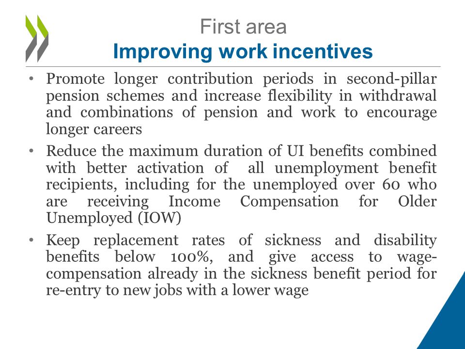 • Promote longer contribution periods in second-pillar pension schemes and increase flexibility in withdrawal and combinations of pension and work to encourage longer careers • Reduce the maximum duration of UI benefits combined with better activation of all unemployment benefit recipients, including for the unemployed over 60 who are receiving Income Compensation for Older Unemployed (IOW) • Keep replacement rates of sickness and disability benefits below 100%, and give access to wage- compensation already in the sickness benefit period for re-entry to new jobs with a lower wage First area Improving work incentives