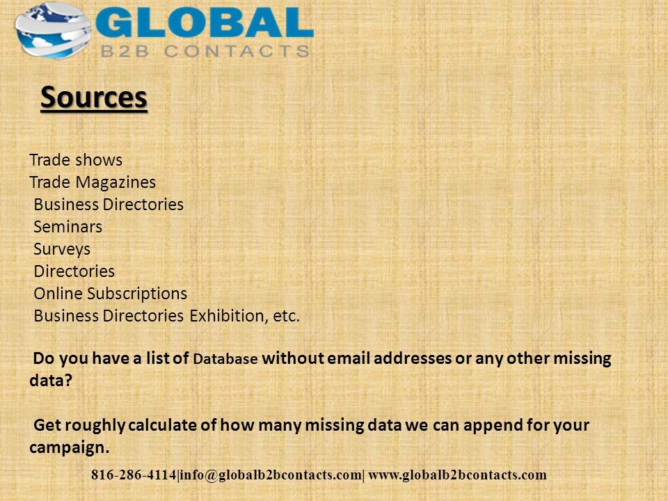 Sources Trade shows Trade Magazines Business Directories Seminars Surveys Directories Online Subscriptions Business Directories Exhibition, etc.