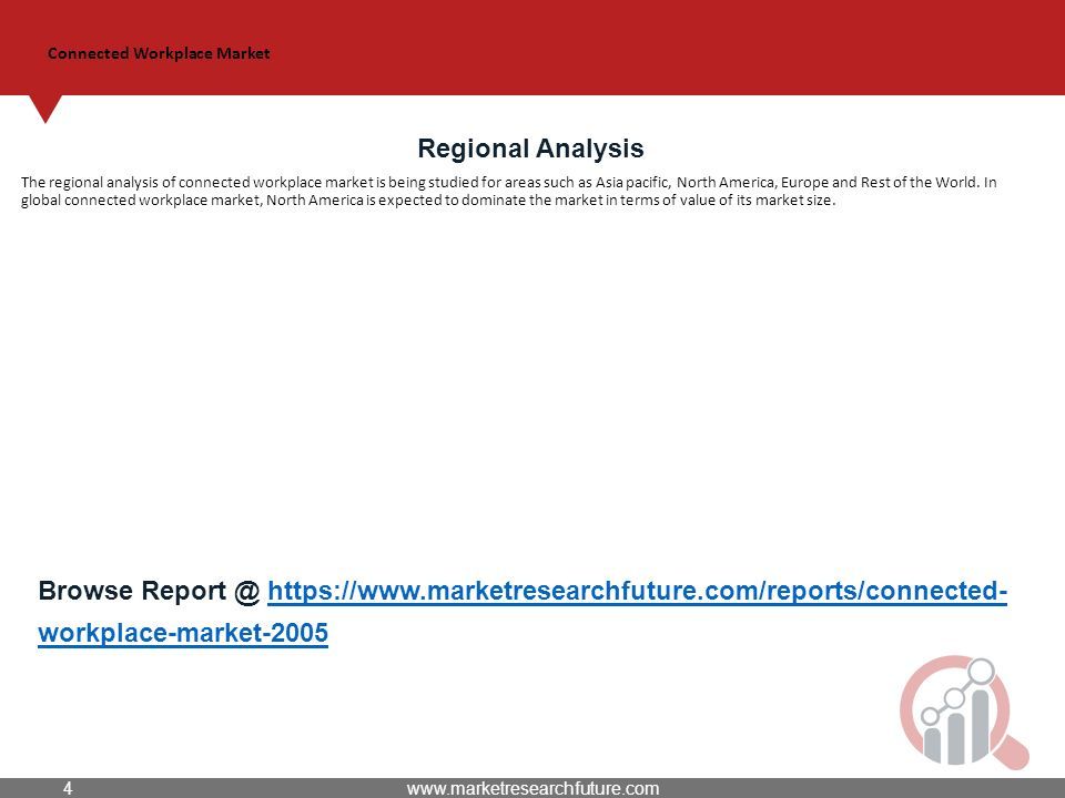 Connected Workplace Market Regional Analysis The regional analysis of connected workplace market is being studied for areas such as Asia pacific, North America, Europe and Rest of the World.