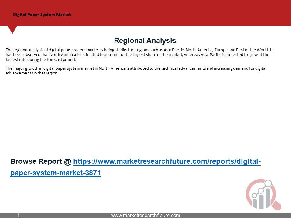 Digital Paper System Market Regional Analysis The regional analysis of digital paper system market is being studied for regions such as Asia Pacific, North America, Europe and Rest of the World.