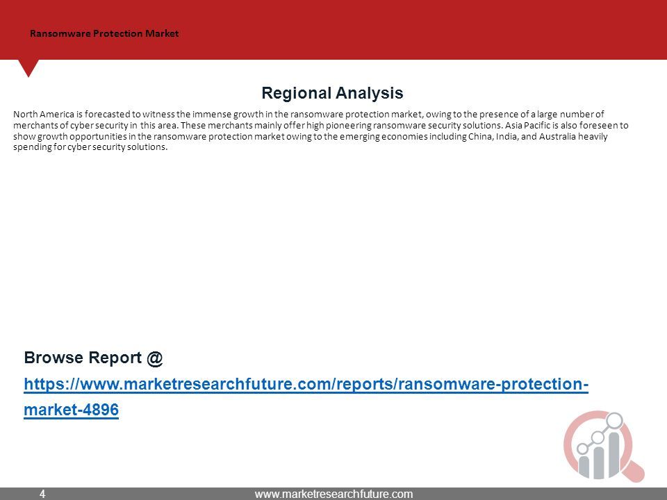 Ransomware Protection Market Regional Analysis North America is forecasted to witness the immense growth in the ransomware protection market, owing to the presence of a large number of merchants of cyber security in this area.