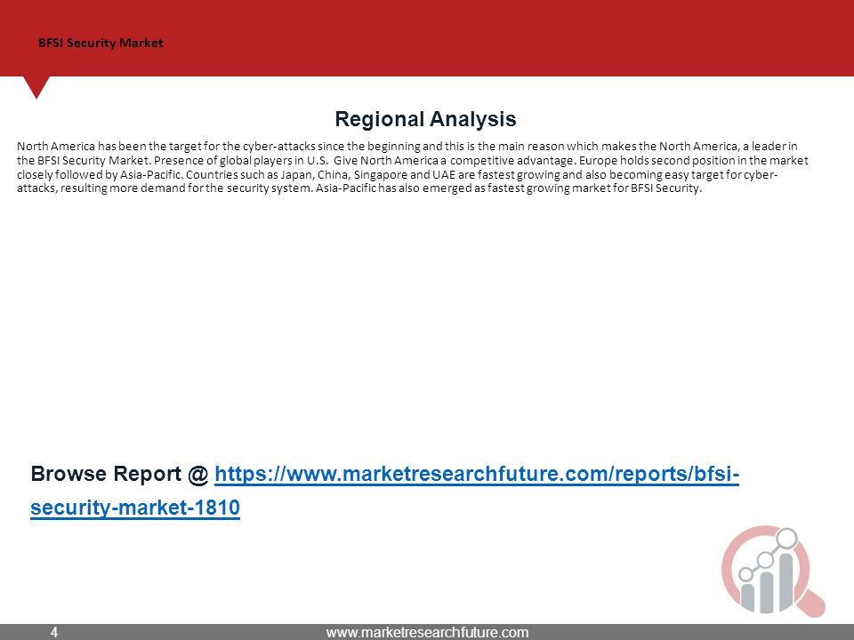 BFSI Security Market Regional Analysis North America has been the target for the cyber-attacks since the beginning and this is the main reason which makes the North America, a leader in the BFSI Security Market.