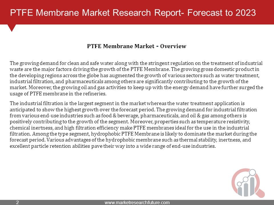PTFE Membrane Market Research Report- Forecast to 2023 The growing demand for clean and safe water along with the stringent regulation on the treatment of industrial waste are the major factors driving the growth of the PTFE Membrane.
