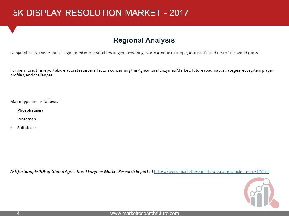 5K DISPLAY RESOLUTION MARKET Regional Analysis Geographically, this report is segmented into several key Regions covering: North America, Europe, Asia Pacific and rest of the world (RoW).