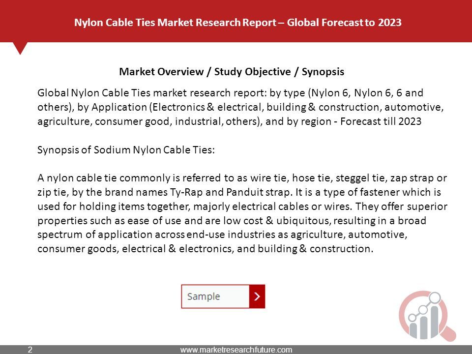 Market Overview / Study Objective / Synopsis Nylon Cable Ties Market Research Report – Global Forecast to 2023 Global Nylon Cable Ties market research report: by type (Nylon 6, Nylon 6, 6 and others), by Application (Electronics & electrical, building & construction, automotive, agriculture, consumer good, industrial, others), and by region - Forecast till 2023 Synopsis of Sodium Nylon Cable Ties: A nylon cable tie commonly is referred to as wire tie, hose tie, steggel tie, zap strap or zip tie, by the brand names Ty-Rap and Panduit strap.