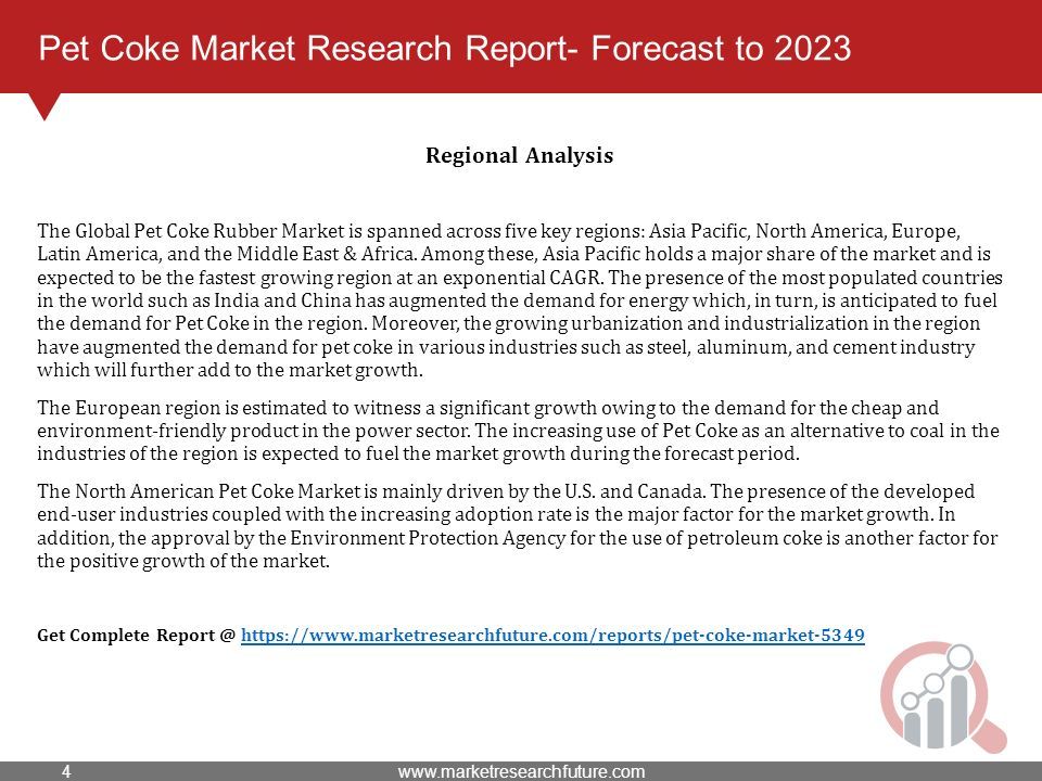 Pet Coke Market Research Report- Forecast to 2023 Regional Analysis The Global Pet Coke Rubber Market is spanned across five key regions: Asia Pacific, North America, Europe, Latin America, and the Middle East & Africa.