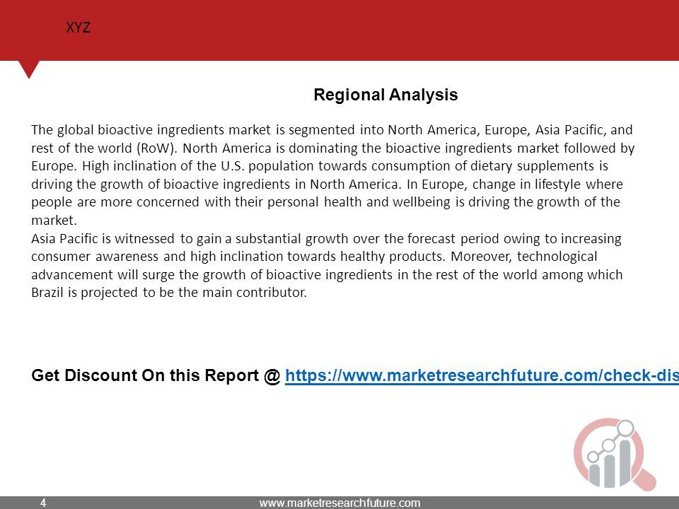 XYZ Regional Analysis The global bioactive ingredients market is segmented into North America, Europe, Asia Pacific, and rest of the world (RoW).
