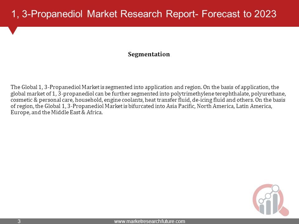 1, 3-Propanediol Market Research Report- Forecast to 2023 The Global 1, 3-Propanediol Market is segmented into application and region.