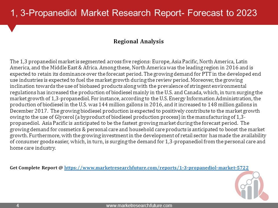 1, 3-Propanediol Market Research Report- Forecast to 2023 Regional Analysis The 1,3 propanediol market is segmented across five regions: Europe, Asia Pacific, North America, Latin America, and the Middle East & Africa.