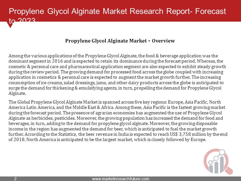 Propylene Glycol Alginate Market Research Report- Forecast to 2023 Among the various applications of the Propylene Glycol Alginate, the food & beverage application was the dominant segment in 2016 and is expected to retain its dominance during the forecast period.
