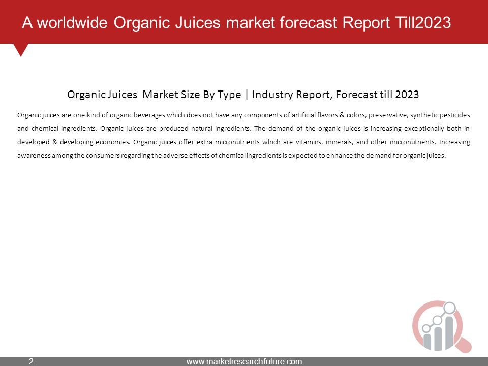 A worldwide Organic Juices market forecast Report Till2023 Organic juices are one kind of organic beverages which does not have any components of artificial flavors & colors, preservative, synthetic pesticides and chemical ingredients.