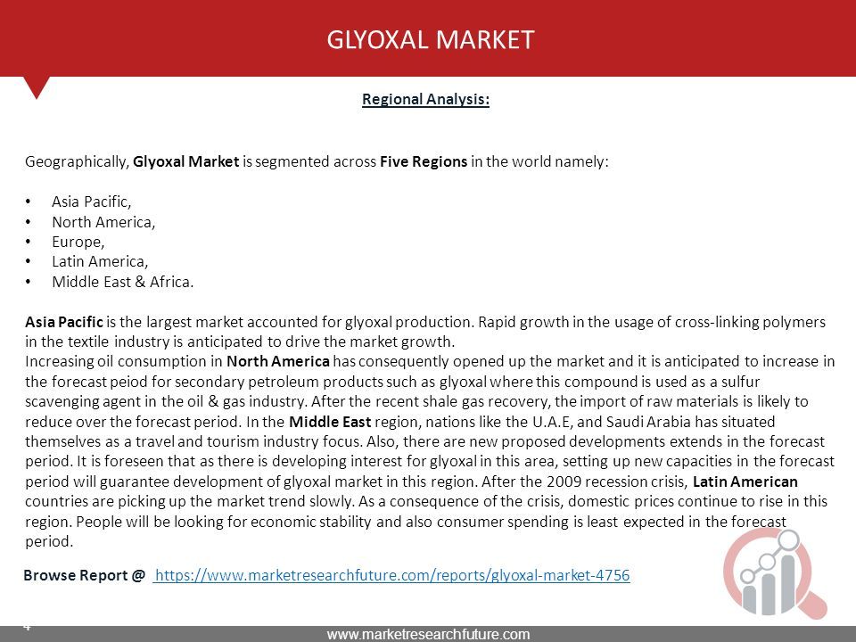 4 GLYOXAL MARKET Regional Analysis: Browse     Geographically, Glyoxal Market is segmented across Five Regions in the world namely: Asia Pacific, North America, Europe, Latin America, Middle East & Africa.