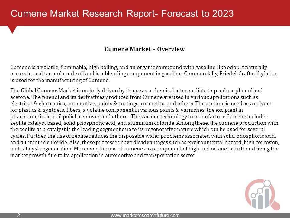Cumene Market Research Report- Forecast to 2023 Cumene is a volatile, flammable, high boiling, and an organic compound with gasoline-like odor.