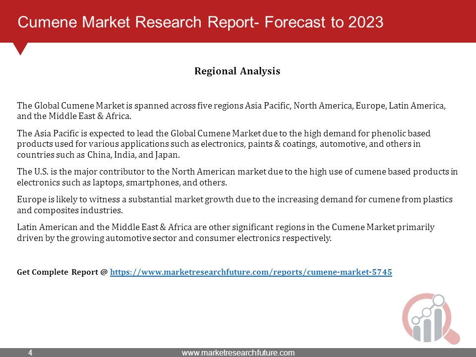 Cumene Market Research Report- Forecast to 2023 Regional Analysis The Global Cumene Market is spanned across five regions Asia Pacific, North America, Europe, Latin America, and the Middle East & Africa.