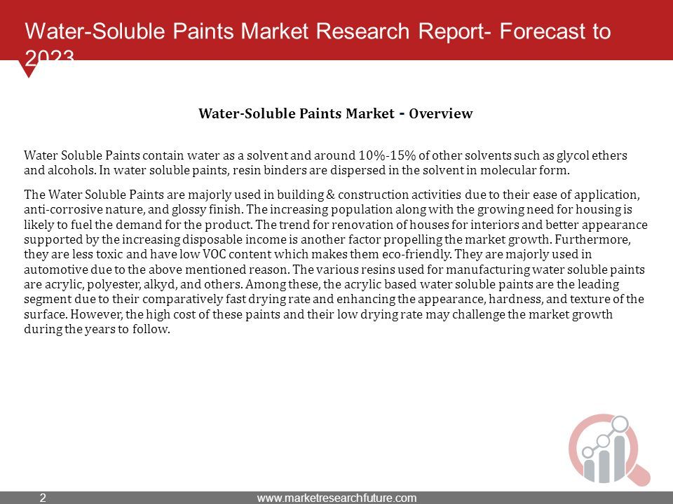Water-Soluble Paints Market Research Report- Forecast to 2023 Water Soluble Paints contain water as a solvent and around 10%-15% of other solvents such as glycol ethers and alcohols.
