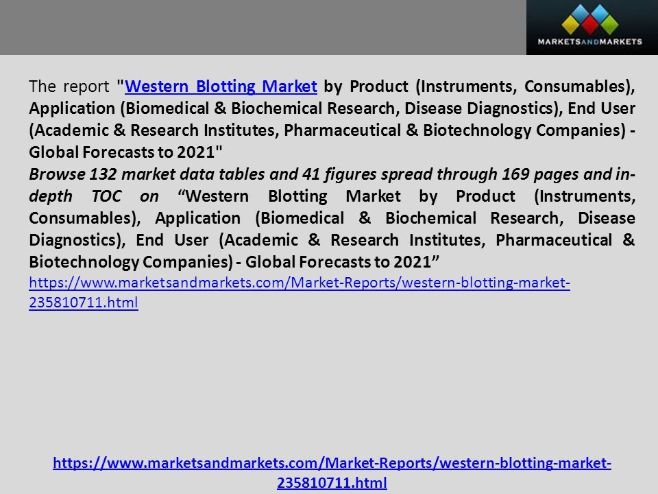 The report Western Blotting Market by Product (Instruments, Consumables), Application (Biomedical & Biochemical Research, Disease Diagnostics), End User (Academic & Research Institutes, Pharmaceutical & Biotechnology Companies) - Global Forecasts to 2021 Western Blotting Market Browse 132 market data tables and 41 figures spread through 169 pages and in- depth TOC on Western Blotting Market by Product (Instruments, Consumables), Application (Biomedical & Biochemical Research, Disease Diagnostics), End User (Academic & Research Institutes, Pharmaceutical & Biotechnology Companies) - Global Forecasts to html html