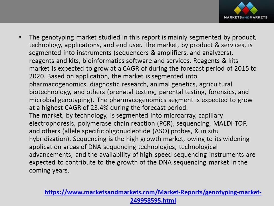 html The genotyping market studied in this report is mainly segmented by product, technology, applications, and end user.