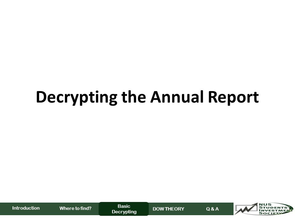 Decrypting the Annual Report Where to find Basic Decrypting DOW THEORY Q & A Introduction