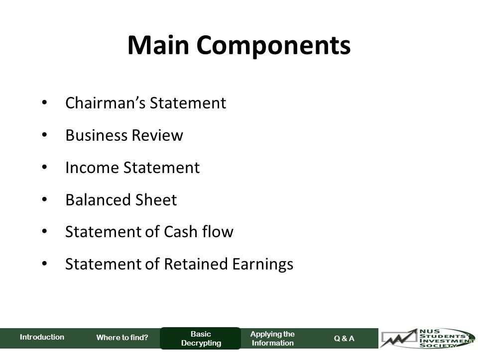 Main Components Chairman’s Statement Business Review Income Statement Balanced Sheet Statement of Cash flow Statement of Retained Earnings Where to find.