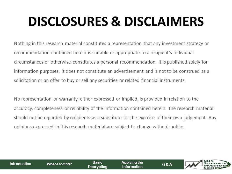 DISCLOSURES & DISCLAIMERS Nothing in this research material constitutes a representation that any investment strategy or recommendation contained herein is suitable or appropriate to a recipient’s individual circumstances or otherwise constitutes a personal recommendation.