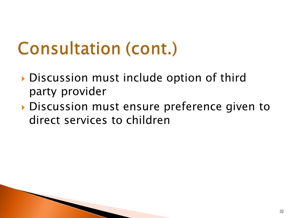  Discussion must include option of third party provider  Discussion must ensure preference given to direct services to children 32