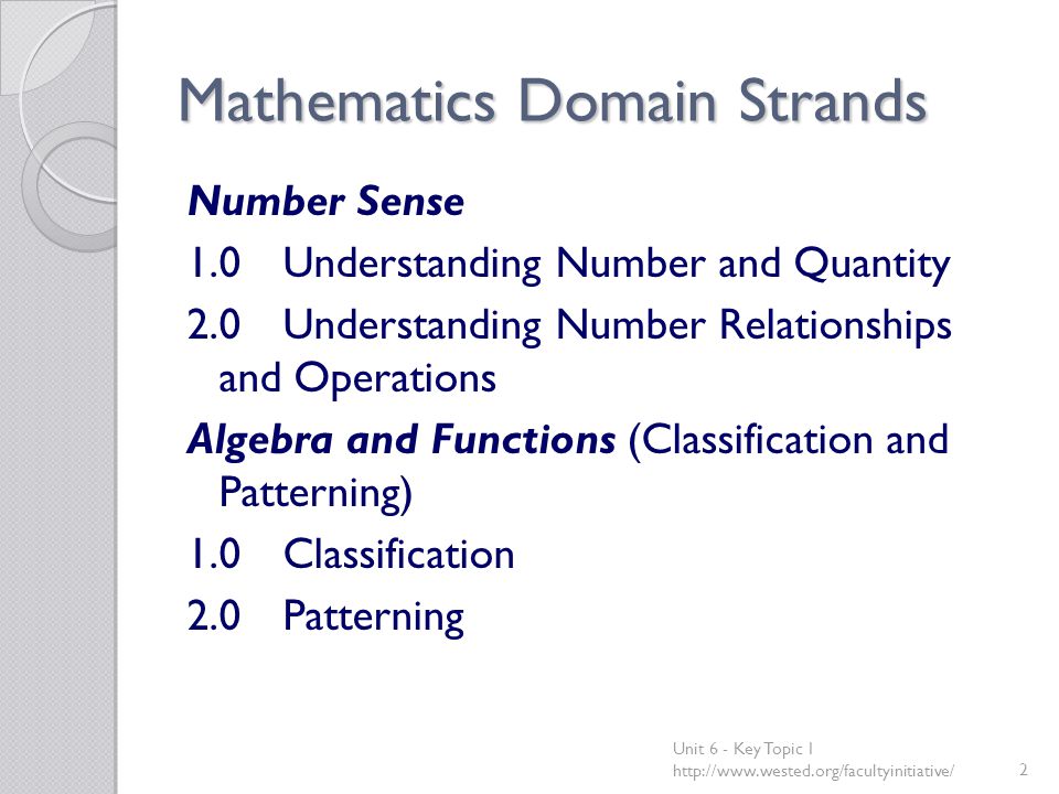Mathematics Domain Strands Number Sense 1.0Understanding Number and Quantity 2.0Understanding Number Relationships and Operations Algebra and Functions (Classification and Patterning) 1.0Classification 2.0Patterning Unit 6 - Key Topic 1