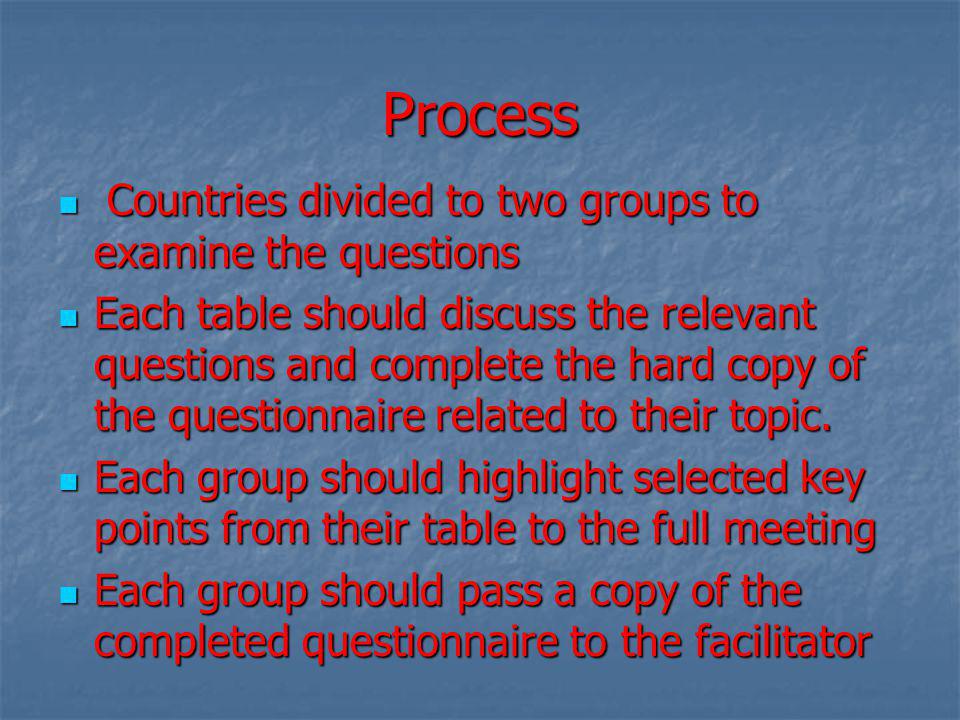 Process Countries divided to two groups to examine the questions Countries divided to two groups to examine the questions Each table should discuss the relevant questions and complete the hard copy of the questionnaire related to their topic.