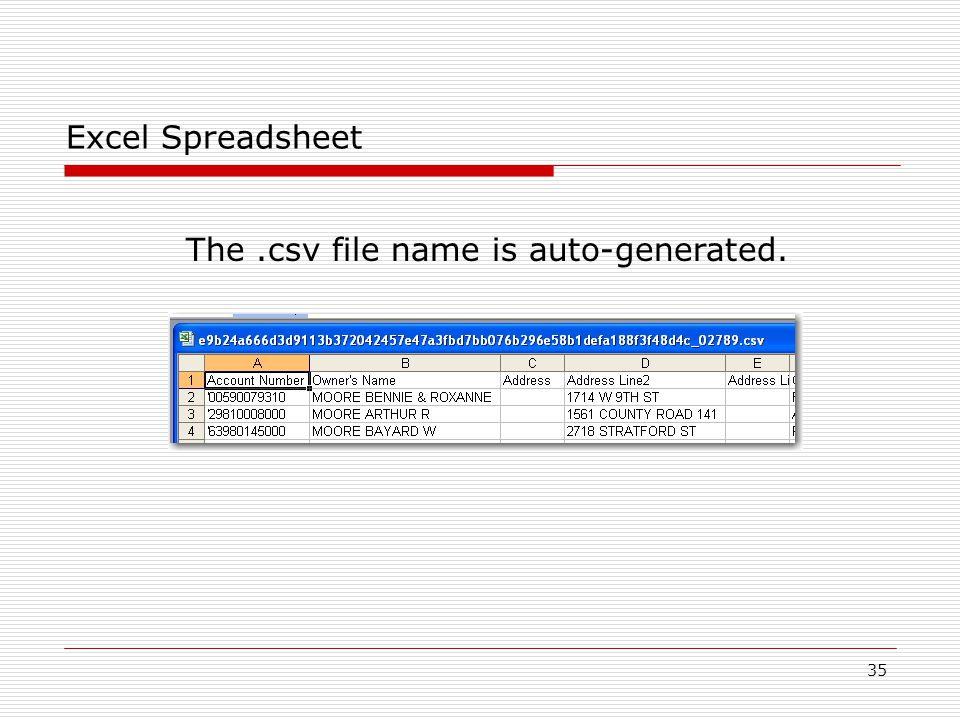 35 Excel Spreadsheet The.csv file name is auto-generated.