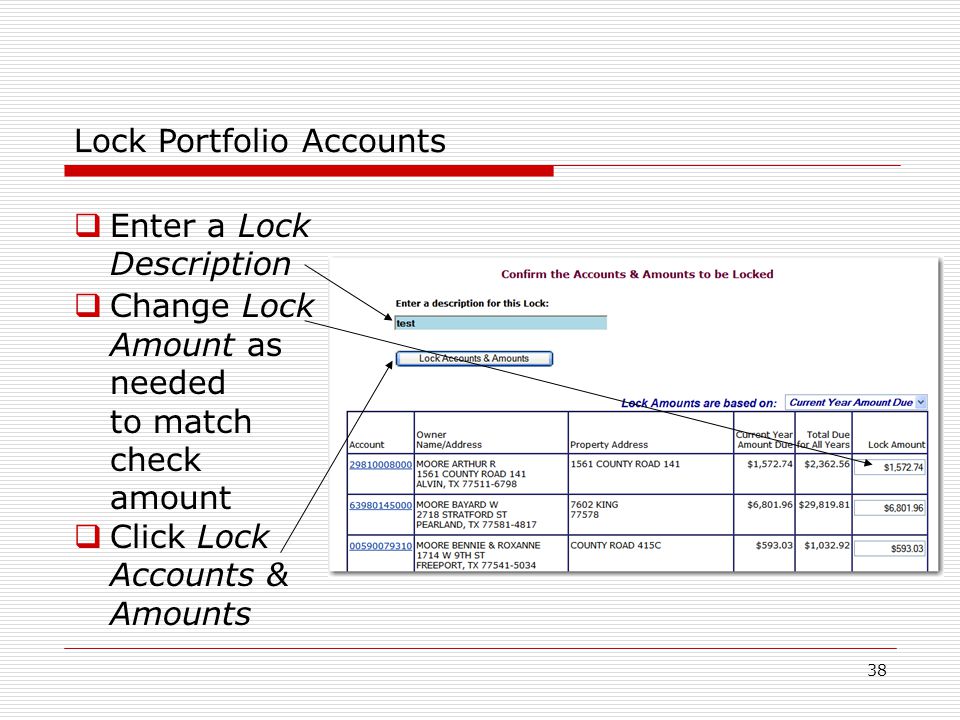 38 Lock Portfolio Accounts  Enter a Lock Description  Change Lock Amount as needed to match check amount  Click Lock Accounts & Amounts