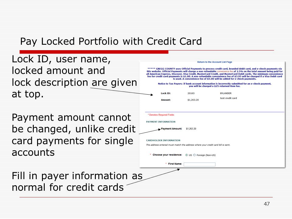 47 Pay Locked Portfolio with Credit Card Lock ID, user name, locked amount and lock description are given at top.