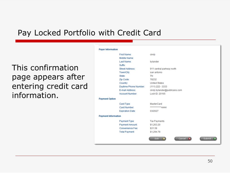 50 Pay Locked Portfolio with Credit Card This confirmation page appears after entering credit card information.