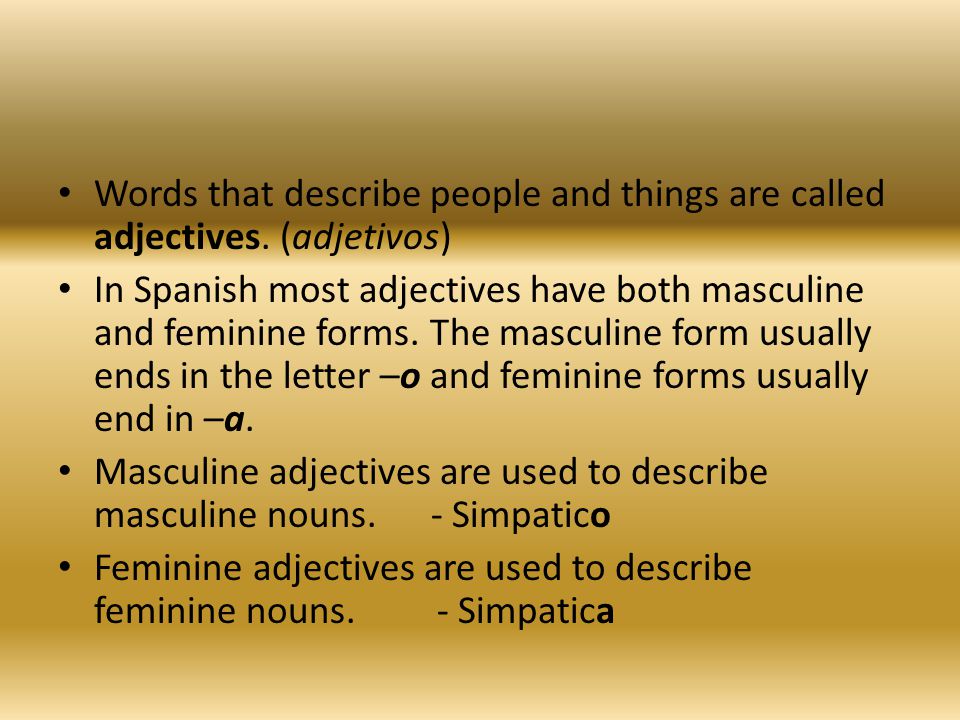 Words that describe people and things are called adjectives.