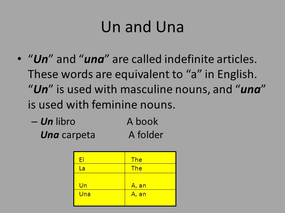 Un and Una Un and una are called indefinite articles.