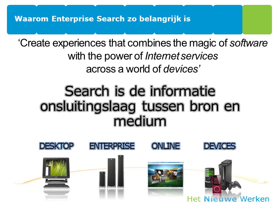Waarom Enterprise Search zo belangrijk is ‘Create experiences that combines the magic of software with the power of Internet services across a world of devices’