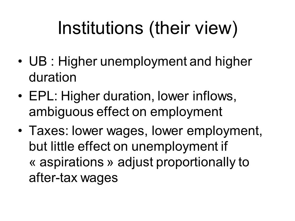 Institutions (their view) UB : Higher unemployment and higher duration EPL: Higher duration, lower inflows, ambiguous effect on employment Taxes: lower wages, lower employment, but little effect on unemployment if « aspirations » adjust proportionally to after-tax wages