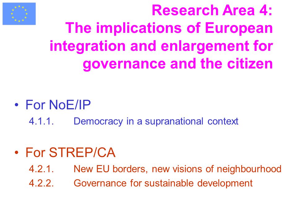 Research Area 4: The implications of European integration and enlargement for governance and the citizen For NoE/IP Democracy in a supranational context For STREP/CA New EU borders, new visions of neighbourhood Governance for sustainable development