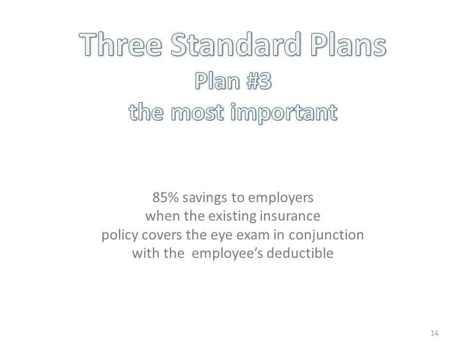 85% savings to employers when the existing insurance policy covers the eye exam in conjunction with the employee’s deductible 14