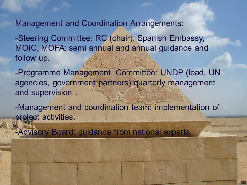 Management and Coordination Arrangements: -Steering Committee: RC (chair), Spanish Embassy, MOIC, MOFA: semi annual and annual guidance and follow up.