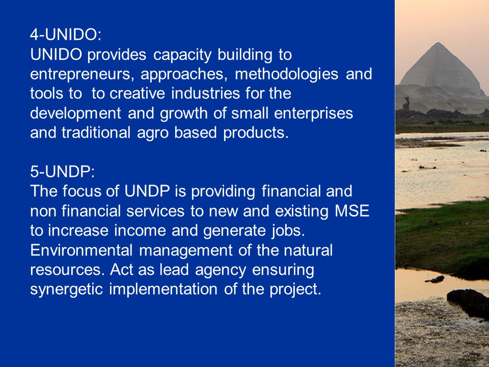 4-UNIDO: UNIDO provides capacity building to entrepreneurs, approaches, methodologies and tools to to creative industries for the development and growth of small enterprises and traditional agro based products.